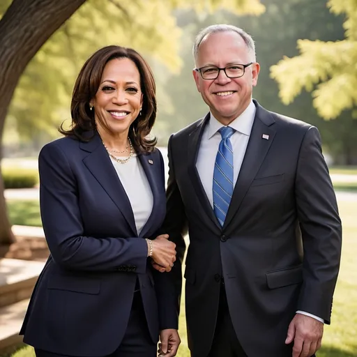 Prompt: photorealistic, (vibrant color scheme), Kamala Harris and Tim Walz standing side-by-side, bright and engaging atmosphere, sharp and detailed facial features, confident expressions, modern attire, warm lighting casting soft shadows, ultra-detailed background showcasing an outdoor setting, high-quality image, rich color contrasts accentuating their presence, capturing a moment of camaraderie and unity.