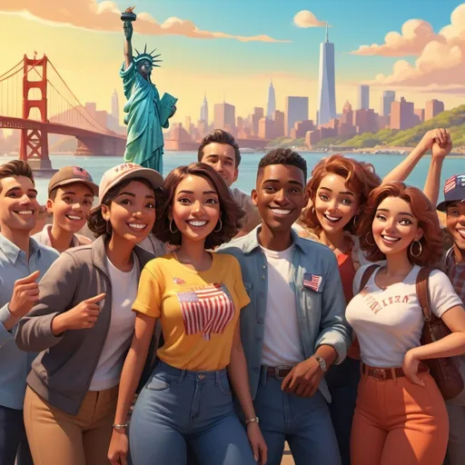 Prompt: (cartoon style) vibrant color scheme, cheerful and lively atmosphere, a group of typical Americans, diverse clothing styles reflecting American culture, friendly expressions and poses, dynamic background with iconic American landmarks, playful details adding character, ultra-detailed, high-quality image.