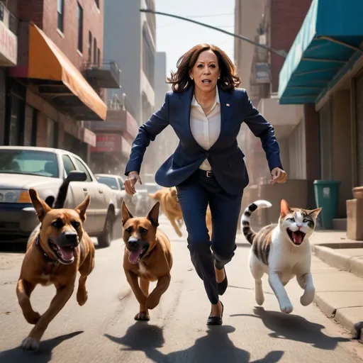 Prompt: Photorealistic scene of (Kamala Harris running for her life), being chased by two dogs and a cat, vibrant color scheme, high-drama lighting, intense emotion, dynamic action, Kamala Harris's expression of fear, dogs in full sprint, cat in aggressive stance, bustling urban background, motion blur, detailed textures, cinematic angles, 4K, ultra-detailed, high dynamic range (HDR).