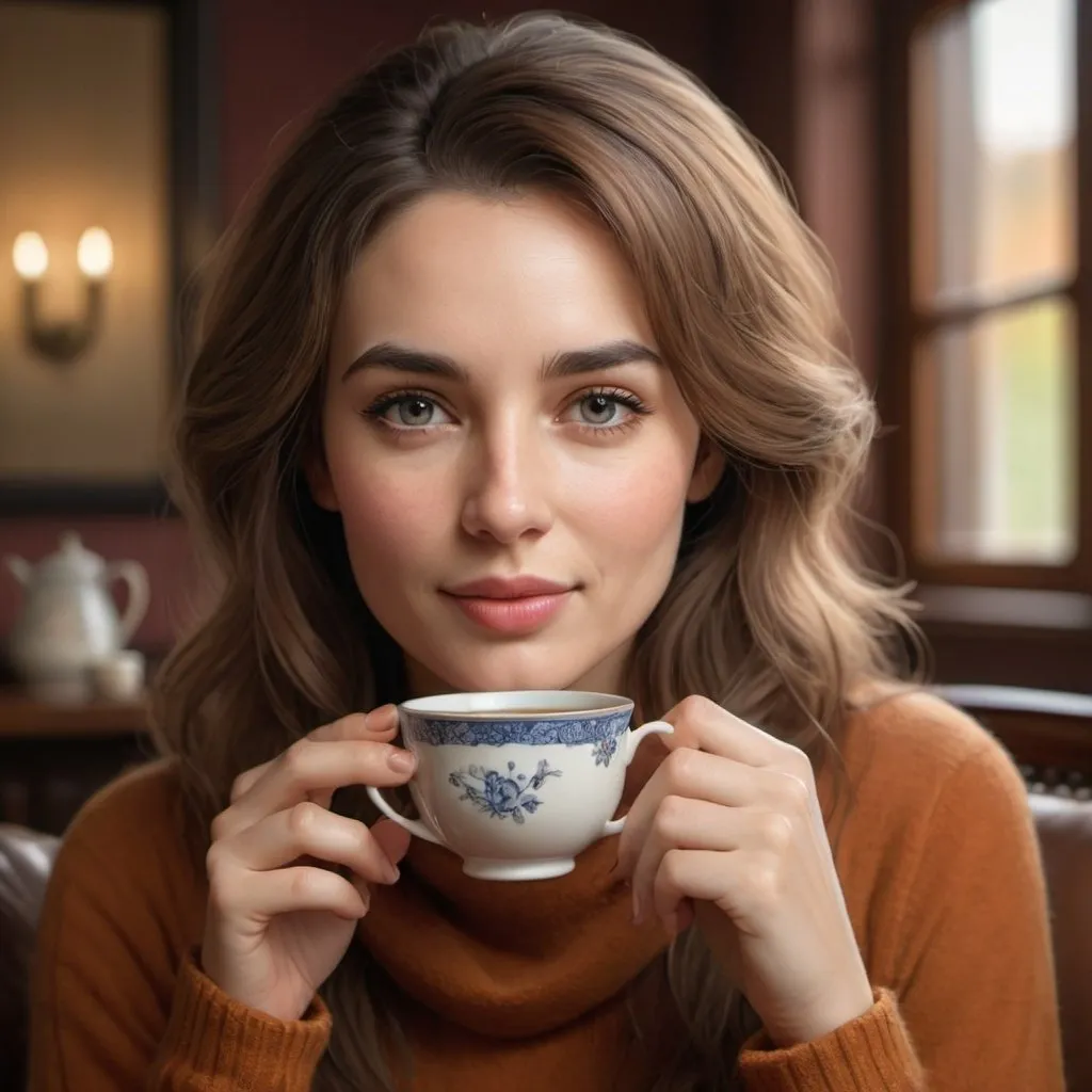 Prompt: Realism headshot of a lady drinking tea, realistic style, detailed facial features, warm and cozy atmosphere, high quality, lifelike, detailed hair, serene expression, refined, tranquil, peaceful lighting, elegant attire, natural colors, comfortable setting, detailed eyes, professional, atmospheric lighting, lifelike, calming, realistic, tea drinking, serene, detailed, peaceful, warm tones, refined