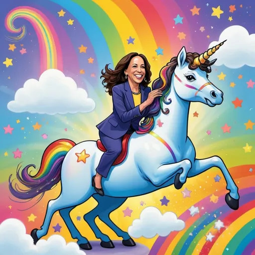 Prompt: (cartoon style), (vibrant colors), Kamala Harris next to a whimsical unicorn, the unicorn playfully farting colorful rainbows, cheerful and fun atmosphere, dynamic and lively background with playful clouds and sparkles, creating a lively and imaginative scene, bright and saturated hues, engaging composition, captivating and humorous charm.