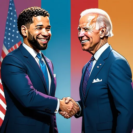 Prompt: Cartoon illustration of Jesse Smollett and Joe Biden shaking hands, colorful and vibrant, cartoon style, smiling expressions, professional attire, detailed features, friendly atmosphere, high quality, vibrant colors, cartoon, presidential, detailed, smiling expressions, professional attire, colorful, friendly atmosphere