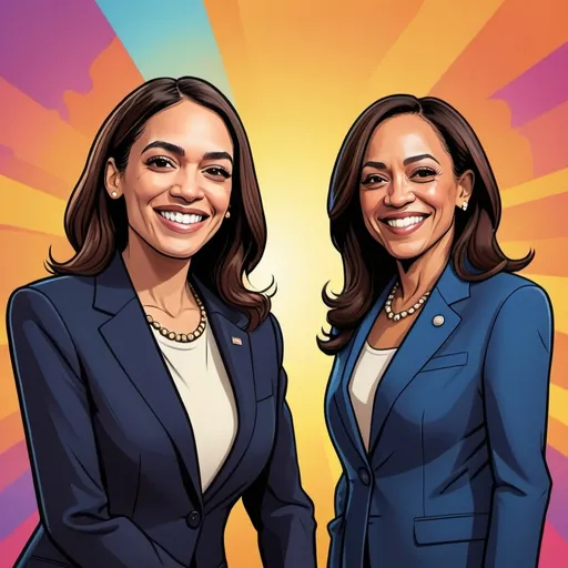 Prompt: (cartoon style illustration of Alexandria Ocasio-Cortez  and Kamala Harris standing side by side) Kamala Harris is taller, vibrant color scheme, detailed facial features and expressions, cheerful atmosphere, lively and dynamic poses, playful interactions, colorful background with animated scenery, ultra-detailed, 4K, high definition, vivid and bright colors, award-winning animation style, professional composition, vibrant lighting, energetic tones.