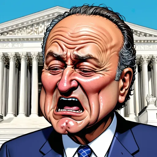 Prompt: Cartoon illustration of Chuck Schumer crying in front of US Supreme Court, exaggerated tears, political satire, vibrant and bold colors, detailed court building, exaggerated facial expressions, professional cartoon style, emotional storytelling, high quality, vibrant colors, exaggerated tears, political satire, detailed court building, professional cartoon style, emotional storytelling