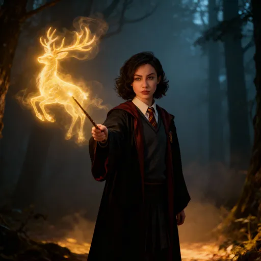 Prompt: Based on this prompt, I created my picture. The photo should look like a  young witch in a dark forest, wearing a Hogwarts-style uniform with a robe and tie, holding a glowing magic wand casting a golden Patronus spell. The Patronus appears as a bright, ethereal stag made of light and mist, illuminating the foggy woods around her. The atmosphere is mystical, cinematic, and slightly smoky, with warm golden light contrasting against the shadowy trees. The witch’s expression is serious and powerful, evoking a Harry Potter fantasy vibe. Highly detailed, realistic lighting, cinematic depth of field, fantasy art style.