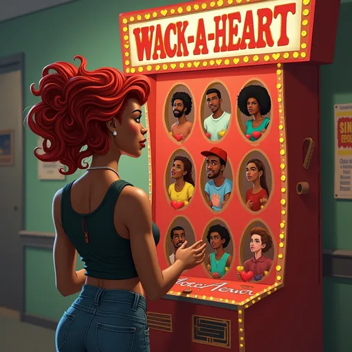 Prompt: Create an image of a black girl, in her mid 30's with red hair, playing a Wack-a-mole game, above her head is a vintage Vegas style reads Wack-A-Heart. Under the sign it read "who will break my heart, Wack a heart and found out. The game has men from all different racial backgrounds in the holes and there all holding hearts.