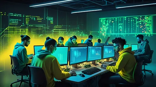 Prompt: A 4k cinematic image of a group of programmers coding together at coding event with vibrant neon blue, green, and yellow colors