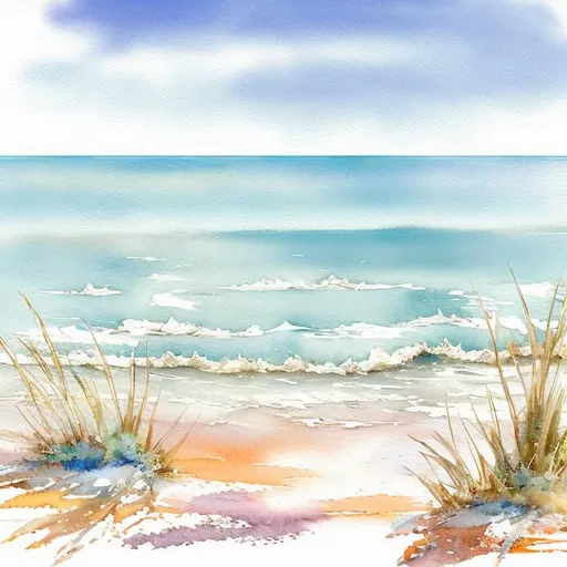 Prompt: watercolor beach scene with sand, sailboat in the distance, light color tones, blue ocean, sky 