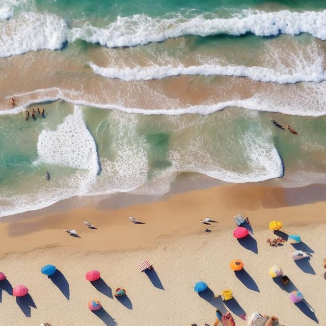 Prompt: soft color watercolor painting of beach scene people on the beach sunbathing, birds-eye view
Soft colors, 