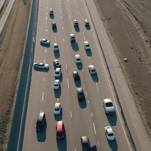 Prompt: Uav on the ground after car on highway traffic  a lot of caRs