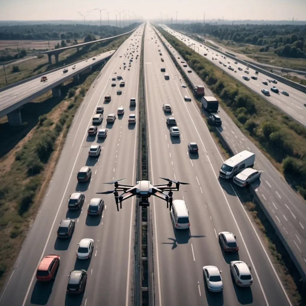 Prompt: Uav stand on a highway with cars and traffic