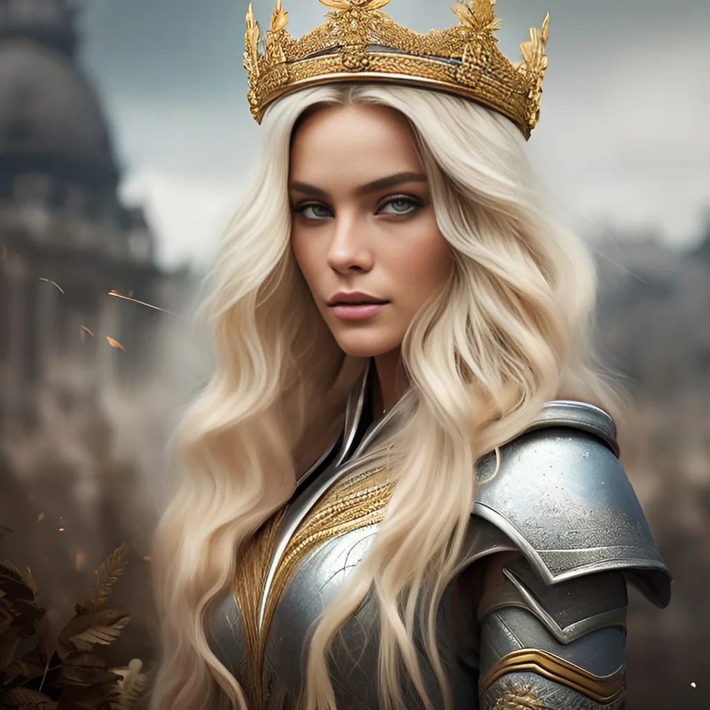 Prompt: create a photograph of a beautiful French blonde woman, dirty-blonde long-hair, fictional female, with a crown fighting in a war, extremely detailed environment, detailed background, intricate, detailed skin, natural colors , professionally color graded, photorealism, 8k, moody lighting, waist up