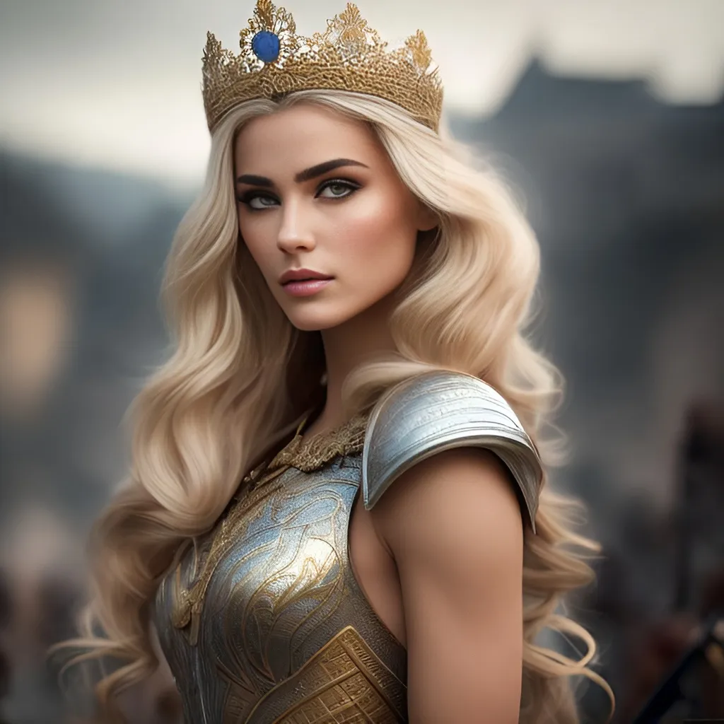 Prompt: create a photograph of a beautiful French blonde fictional female with a crown fighting in a war, extremely detailed environment, detailed background, intricate, detailed skin, natural colors , professionally color graded, photorealism, 8k, moody lighting
