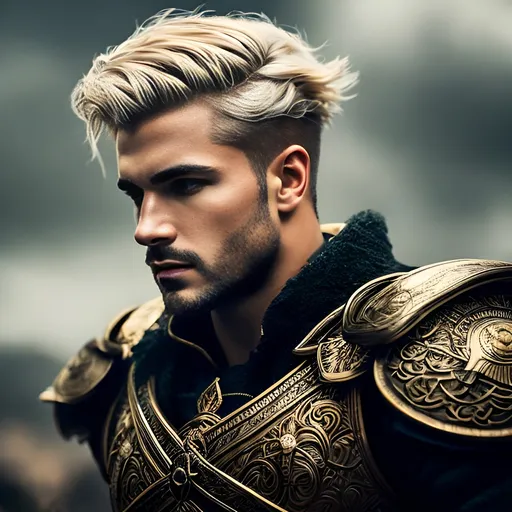 Prompt: create a photograph of a handsome strong dirty-blonde short-hair fictional male with a crown fighting in a war, extremely detailed environment, detailed background, intricate, detailed skin, natural colors , professionally color graded, photorealism, 8k, moody lighting