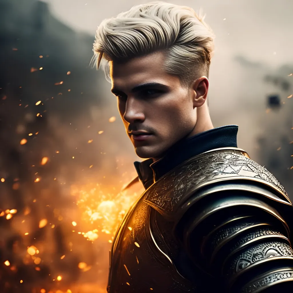 Prompt: create a photograph of a handsome strong dirty-blonde short-hair fictional male with a crown fighting in a war, extremely detailed environment, detailed background, intricate, detailed skin, natural colors , professionally color graded, photorealism, 8k, moody lighting