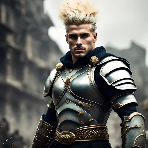 Prompt: create a photograph of a handsome strong dirty-blonde fictional male with a crown fighting in a war, extremely detailed environment, detailed background, intricate, detailed skin, natural colors , professionally color graded, photorealism, 8k, moody lighting