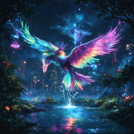 Prompt: Subject: Choose from one of the following:

A majestic, iridescent phoenix rising from a mystical, crystal-clear lake.
A futuristic cityscape with floating neon signs and reflective skyscrapers.
A serene, enchanted forest with bioluminescent flora and a glowing river.
Environment: Set the scene in one of these environments:

A twilight landscape with floating islands and a starry sky.
A bustling, cyberpunk metropolis with neon lights and towering skyscrapers.
A magical realm with misty mountains and cascading waterfalls.
Action: Illustrate the subject performing one of these actions:

Spreading its luminous wings, casting vibrant reflections on the water.
Hovering above the city, leaving trails of light in its wake.
Flowing gently through the enchanted forest, illuminating the surroundings.
Details: Incorporate elements like:

Delicate, glowing fireflies around the subject and shimmering water ripples.
Neon fog and intricate holograms surrounding the scene.
Twinkling magical particles and floating leaves drifting in the air.
Style: Style the artwork using one of these approaches:

Combine elements of hyper-realism with fantasy to create a dreamy, otherworldly atmosphere.
Blend futuristic and retro aesthetics with vibrant neon colors and high contrast.
Use a painterly style with rich textures and ethereal lighting effects.