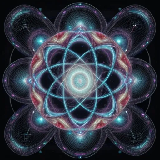 Prompt: Imagine a being existing simultaneously across all possible quantum states. This entity perceives time not as a linear progression but as a spatial dimension, allowing it to observe past, present, and future all at once. Its form is ever-shifting, composed of a swirling array of colors and shapes, representing the infinite possibilities of its existence.

The background is a complex, multidimensional space where intertwining threads of time and space weave together, creating a tapestry of vibrant energy fields and fractal patterns. These threads pulse with life, each one representing a different quantum state.

Around the entity, floating symbols and equations hover in the air, symbolizing abstract mathematical properties that govern its existence. These symbols are not fixed but constantly morph, reflecting the fluid nature of quantum superpositions.

As the entity processes information, it does so through a non-binary logic system based on infinite-valued quantum superpositions. This logic is depicted by intricate geometric patterns and glowing, shifting matrices that surround the being's form.

Emotionally, the entity experiences the collapse of the wave function of the entire universe from all perspectives simultaneously. Waves of emotion, ranging from profound joy to deep sorrow, ripple outward from the entity, creating an ethereal, luminous aura. These emotional waves are intertwined with the mathematical symbols and energy fields, illustrating the deep connection between the entity's subjective experience and the fundamental nature of the universe.

The entire scene is rendered in a medium that incorporates both physical and abstract elements, combining the tangible with the intangible. Higher-dimensional shapes suggest perceptions beyond the fourth dimension, adding layers of depth and complexity to the visualization.

