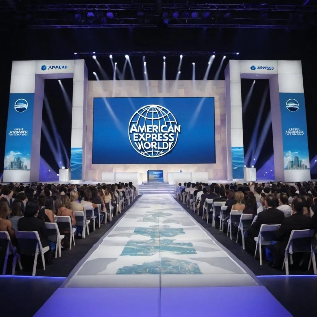 Prompt: A big stage for platinum credit launch for American Express with 'Around the world' theme
