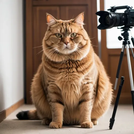 Prompt: big and fat cat standing infront of camera mysteriously