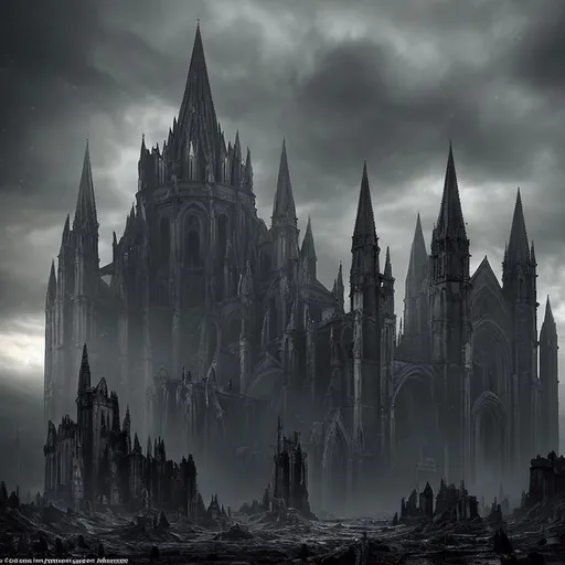 Prompt: magine a desolate landscape shrouded in darkness and shadow. The foreground showcases a towering, desecrated cathedral, its crumbling spires reaching towards the ominous sky. The cathedral is surrounded by a dense mist, hinting at the mystery and foreboding atmosphere within