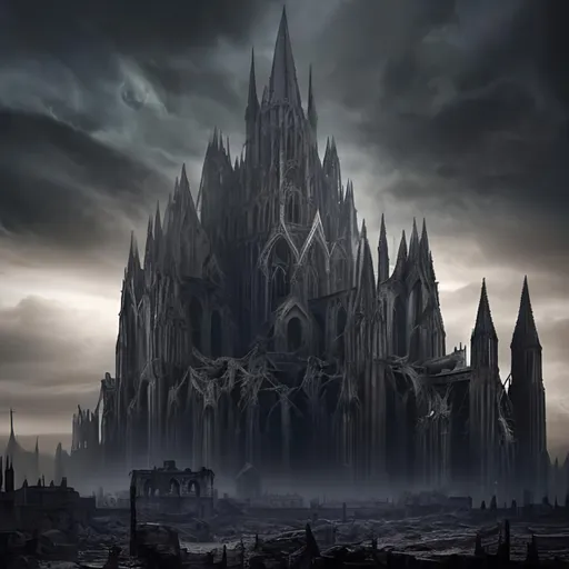 Prompt: magine a desolate landscape shrouded in darkness and shadow. The foreground showcases a towering, desecrated cathedral, its crumbling spires reaching towards the ominous sky. The cathedral is surrounded by a dense mist, hinting at the mystery and foreboding atmosphere within