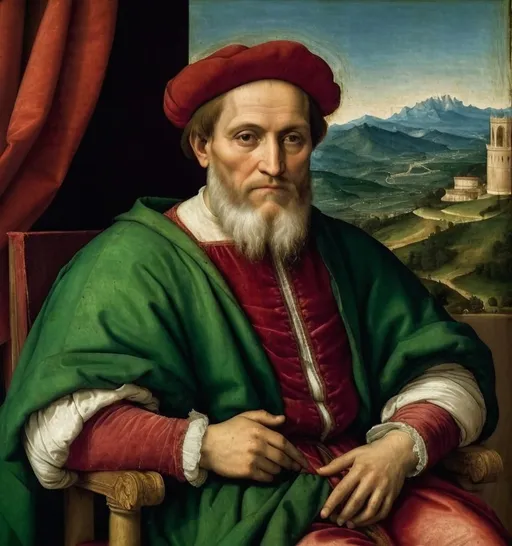 Prompt: A painted portrait of a man in the style of Italian Renaissance painter Raphael with mountains in the background