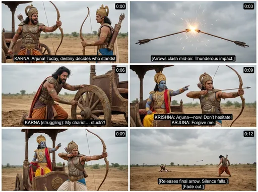Prompt: 15-Second Script: Arjuna vs Karna (Mahabharata)
[Battlefield of Kurukshetra. Dust, conch sounds, tense silence.]
Karna (fierce): Arjuna! Today, destiny decides who stands!
Arjuna (calm, resolute): Fight with honor, Karna. This ends now.
[Arrows clash mid-air. Thunderous impact.]
Karna (struggling): My chariot… stuck?!
Krishna (urgent): Arjuna—now! Don’t hesitate!
Arjuna (pained, then firm): Forgive me.
[Releases final arrow. Silence falls.]
[Fade out.]