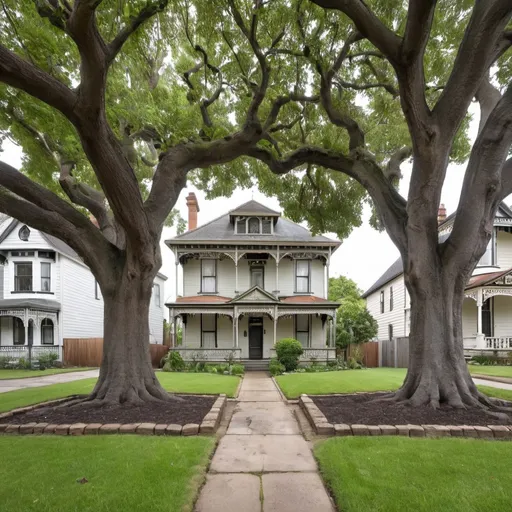 Prompt: victorian front yard with no grass  and two large oak trees and two fig trees