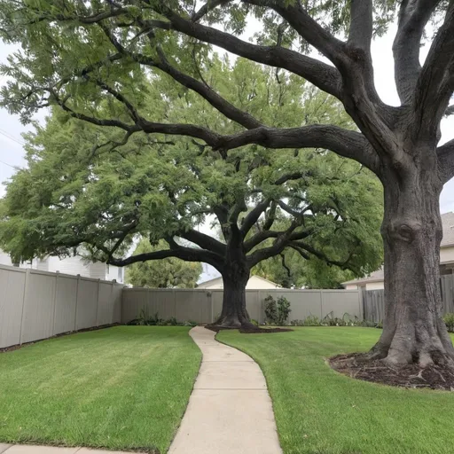 Prompt: front yard with no grass, two large oak trees and two fig trees