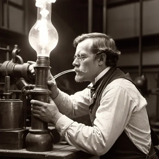 Prompt: Circa 1850s, Closeup of a glassblower blowing into a large lightbulb in a factory setting