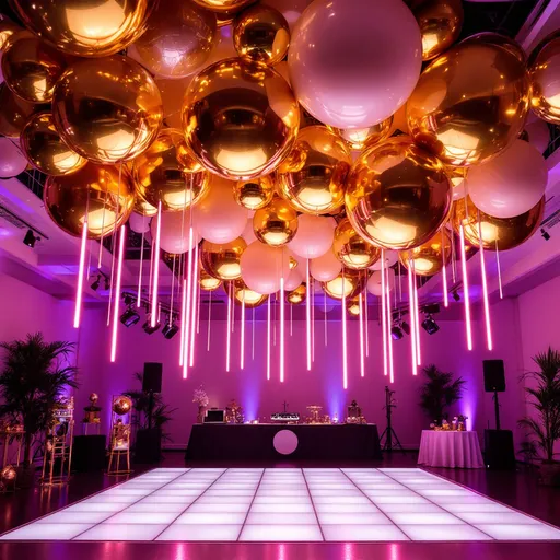 Prompt: A balloon installation on the ceiling above a white dance floor with only, very large, Gold metallic balloon orbs with hanging pink neon astro tube lights. Not a lot of lights