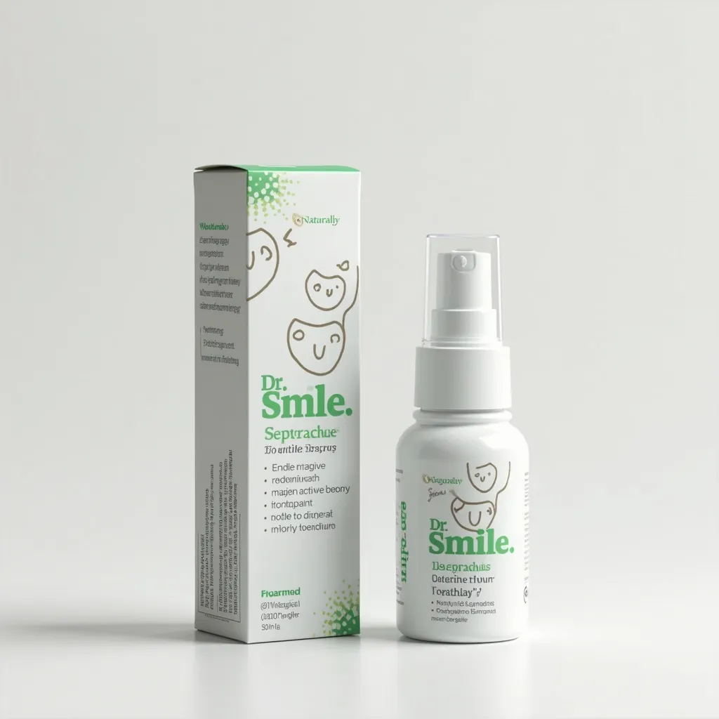 Prompt: "Thiết kế bao bì cho một chai xịt giảm đau răng 20ml với tên sản phẩm 'Dr. Smile' của công ty Dược phẩm Amexpharm. Phong cách thiết kế tối giản, sang trọng, chuyên nghiệp, sử dụng màu sắc tự nhiên: xanh lá cây nhạt (#A9CBA4) cho thành phần thảo dược, xanh dương nhạt (#A3CFFA) cho cảm giác mát lạnh, trắng (#FFFFFF) làm nền chính, và điểm nhấn vàng nhạt (#F5E8C7). Chai nhựa trắng mờ, cao 10cm, đường kính 3cm, có vòi xịt trắng với nắp đậy trong suốt. Nhãn dán bao quanh chai, mặt trước có logo 'Amexpharm' ở trên cùng, tên 'Dr. Smile' in lớn, kèm biểu tượng nụ cười nhỏ màu vàng nhạt, hình ảnh vector đơn giản của một người ôm má (trước) và cười rạng rỡ (sau), slogan 'Giảm Đau Tức Thì – Chăm Sóc Tự Nhiên', và biểu tượng lá cây với dòng chữ '100% Thành Phần Tự Nhiên'. Mặt sau in thông tin: thành phần (tinh dầu bạc hà, chiết xuất keo ong, lô hội, cúc La Mã, tinh dầu đinh hương, nước RO), công dụng (giảm đau nhức răng, viêm lợi, viêm nướu, chảy máu chân răng, kháng viêm), cách dùng, lưu ý, và thông tin công ty. Hộp giấy bên ngoài có cùng phong cách, mặt trước hiển thị tên sản phẩm, hình ảnh minh họa, slogan, và dòng 'Quà tặng: Nước súc miệng mini'."