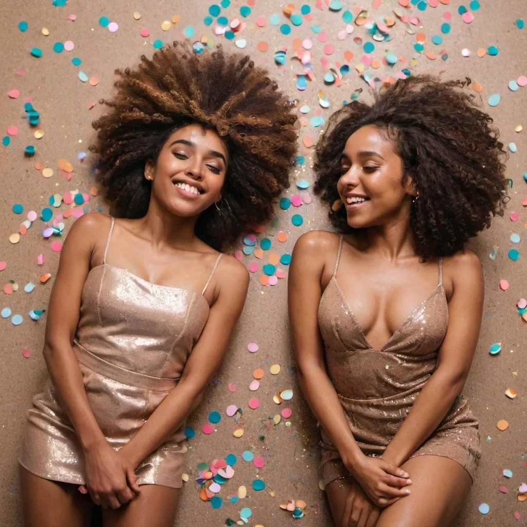 Prompt: two brown skin women staring to the shy with confetti on the floor