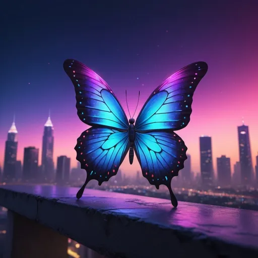 Prompt: A butterfly with a silhouette of a skylline