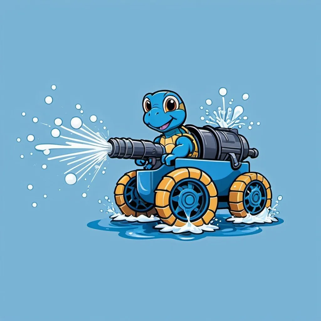 Prompt: business logo, powerwashing company, cute blue turtle spraying water out of a cannon