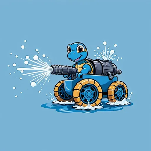 Prompt: business logo, powerwashing company, cute blue turtle spraying water out of a cannon