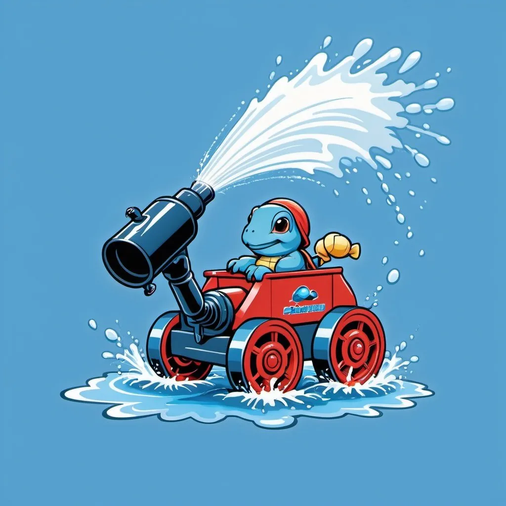 Prompt: business logo, powerwashing company, cute blue turtle spraying water out of a cannon