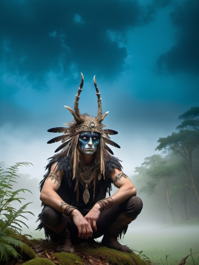 Prompt: 
generate a highly detailed and atmospheric scene of a mystical forest create crouching in a Misty woodland setting. creature has an otherworldly appearance, with itricate body pant resembling cracked earth, and wears elaborate feathered adornments including a headdress made of dark and light feathers. the creatures face is partially marks, with sharp, angular features and instance, almoat hunting eyes. the environment around is dense with fog, with tall tress and a Moody, ethereal ambiance, emphasizing the creatures connection to the mystical forest
