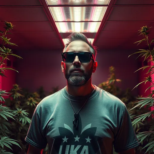 Prompt: a man in sunglasses is standing in a room with weed plants and lights on the ceiling and a t - shirt on his chest, Dennis Flanders, les nabis, in gta v, concept art