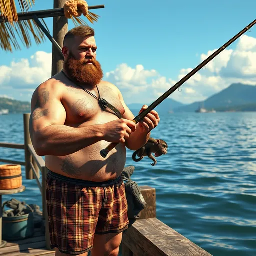 Prompt: a man with a brown beard and brown short hair in his boxers casting a fishing rod on a dock, with a monkey that has a fishing rod, Brian 'Chippy' Dugan, realism, in gta v, a screenshot