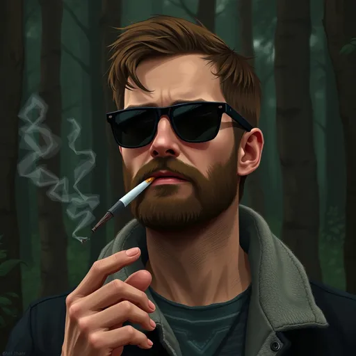 Prompt: a man with short brown hair, a short brown beard and black sunglasses, smoking a cigarette , in a dark forest, Bedwyr Williams, sots art, in gta v, a character portrait