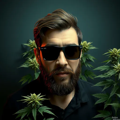 Prompt: a man with short brown hair, a short brown beard and black sunglasses, in a dark room, in front of weed plants, Bedwyr Williams, sots art, in gta v, a character portrait