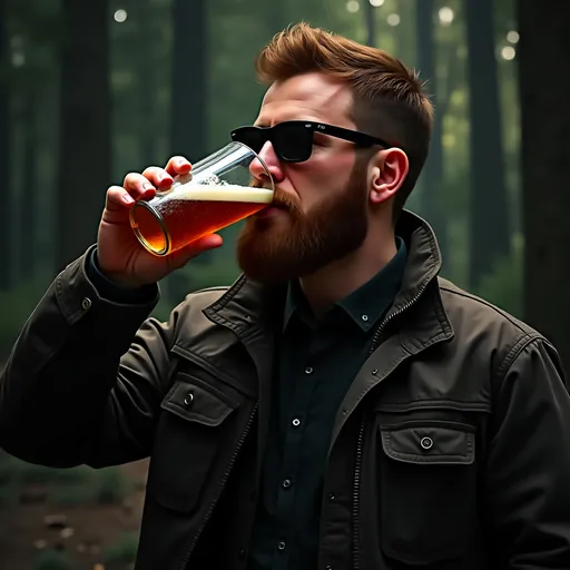 Prompt: a man with short brown hair, a beard and black sunglasses, drinking a beer , in a dark forest, Bedwyr Williams, sots art, in gta v, a character portrait