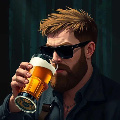 Prompt: a man with short brown hair, a short brown beard and black sunglasses, drinking a beer , in a dark forest, Bedwyr Williams, sots art, in gta v, a character portrait