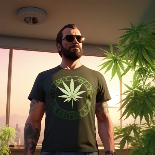 Prompt: a man with a beard and brown hair in sunglasses is standing in a room with weed plants and lights on the ceiling and a t - shirt on his chest, Dennis Flanders, les nabis, in gta v, concept art