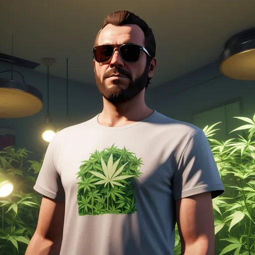 Prompt: a man with a beard and brown hair in sunglasses is standing in a room with weed plants and lights on the ceiling and a t - shirt on his chest, Dennis Flanders, les nabis, in gta v, concept art