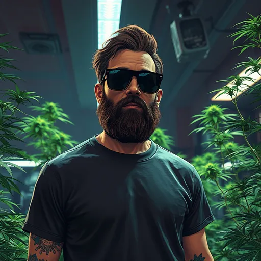 Prompt: a man with a beard and brown hair in sunglasses is standing in a room with weed plants and lights on the ceiling and a t - shirt on his chest, Dennis Flanders, les nabis, in gta v, concept art