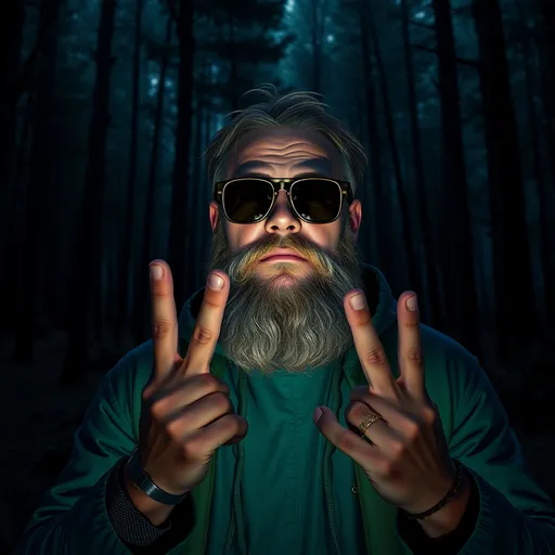 Prompt: a man with a beard and sunglasses making the peace sign with his hands in front of him, in a dark forest, Bedwyr Williams, sots art, in gta v, a character portrait