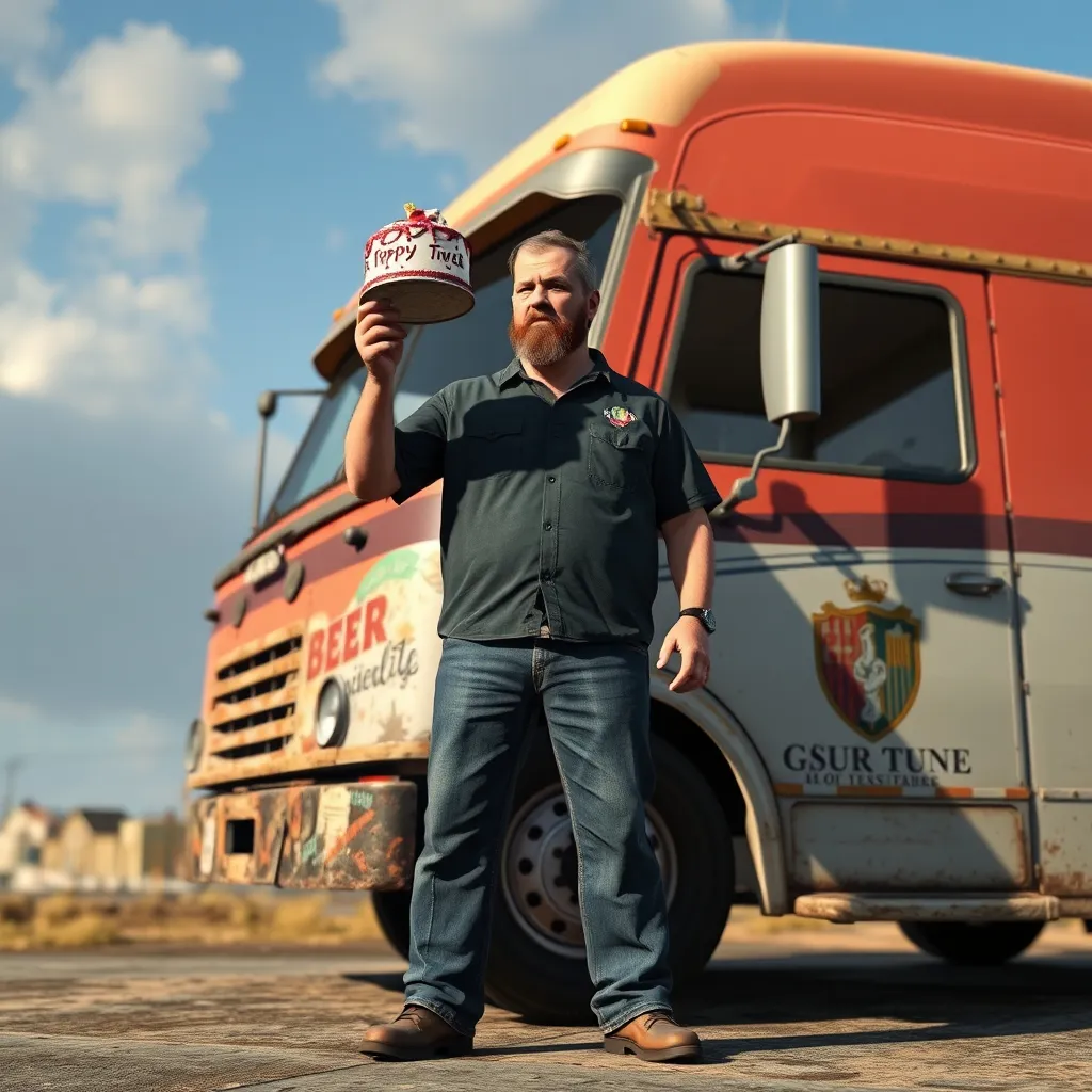 Prompt: a man standing next to a large truck with a cake in it's hand and a beer in his hand, Brian 'Chippy' Dugan, auto-destructive art, in gta v, a screenshot